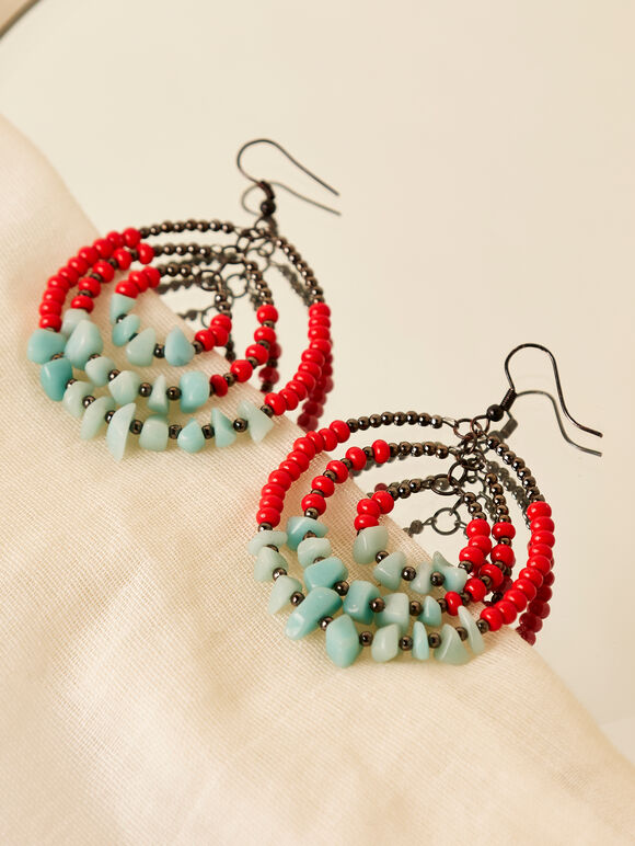 Oval Triple Hoop Earrings, Red, large