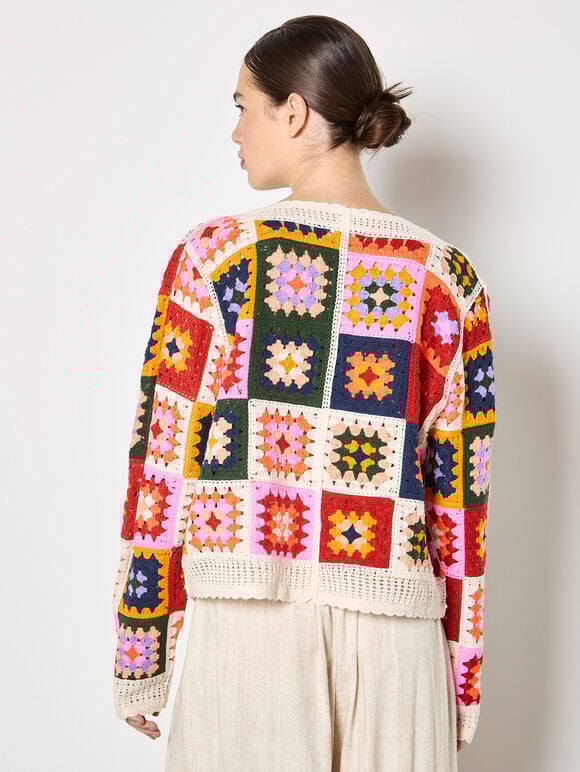 Colourful Crochet Squares Cardigan, Stone, large