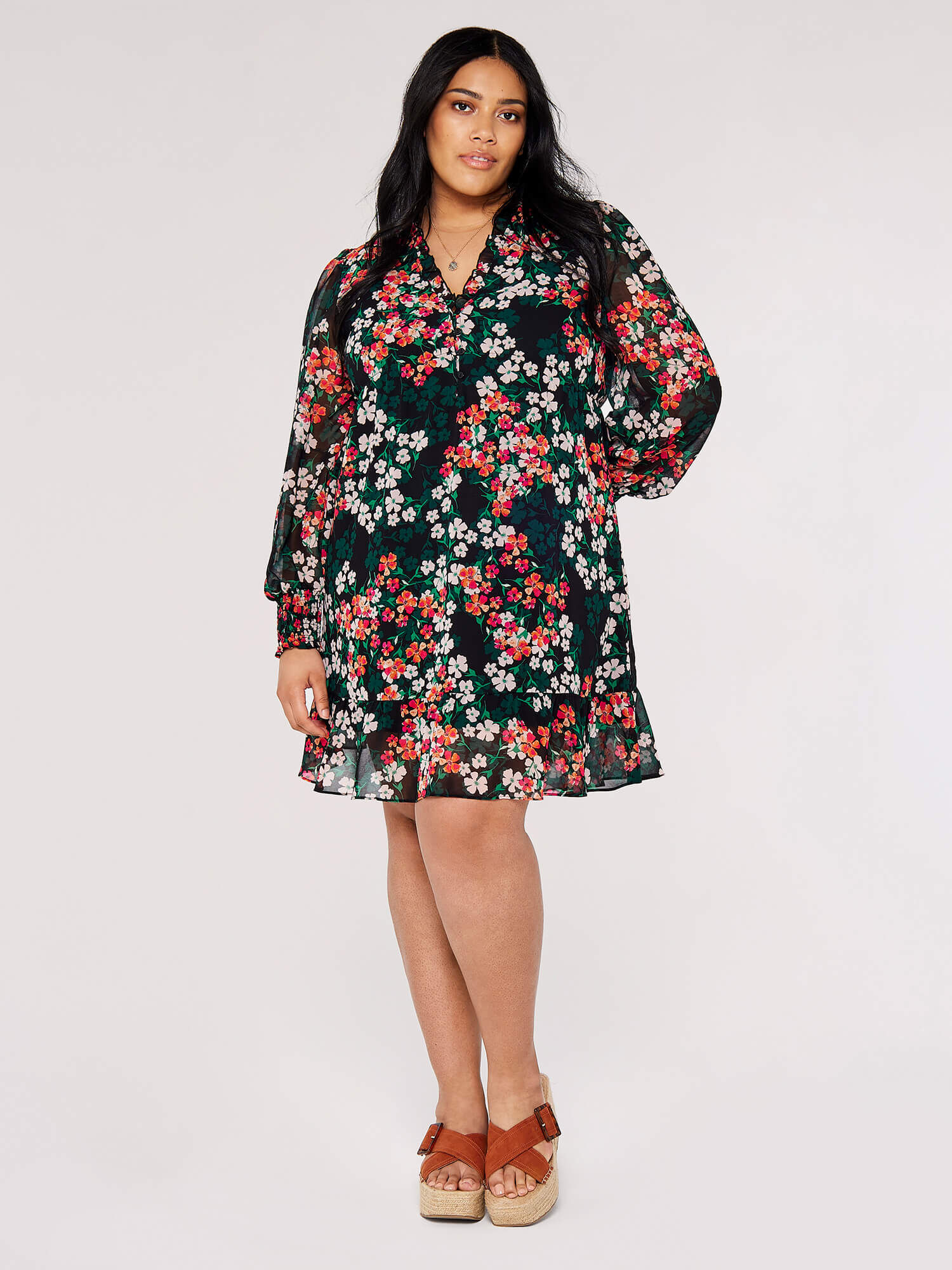 Curve Floral Midi Dress Apricot Clothing