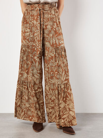 Batik Leaves Tiered Wide-Leg Trousers