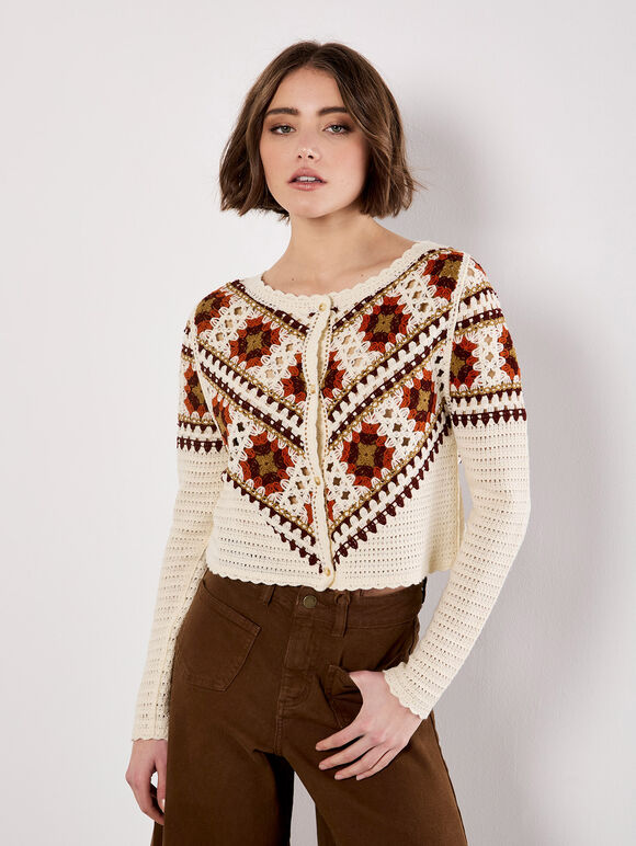 Crochet Squares Scallop Cardigan, Stone, large