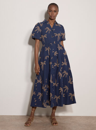 Embroidered Palms Cotton Midi Dress