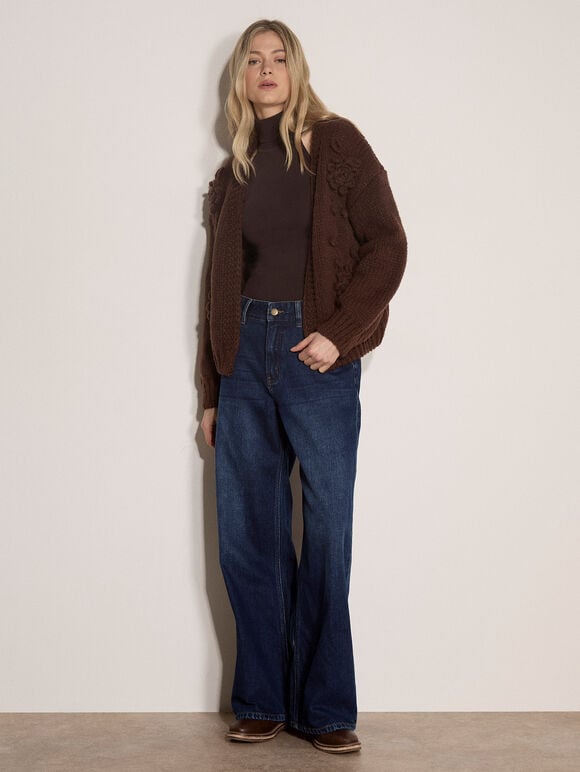 Rose Applique Chunky Knit Cardigan, Brown, large