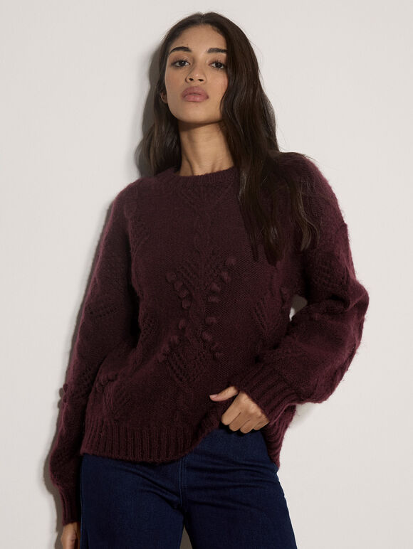 Brushed Bobble Cable Knit Jumper, Plum, large
