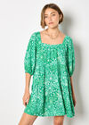 Floral Print Tiered Mini Dress, Green, large