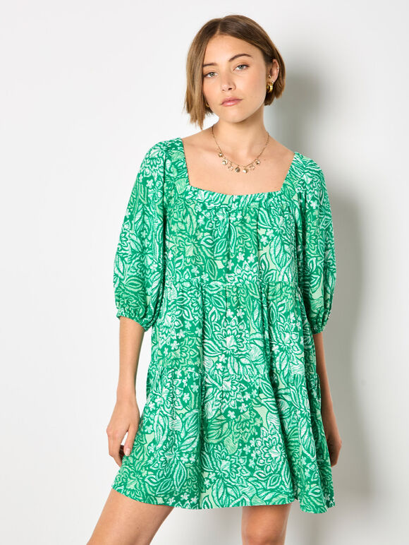 Floral Print Tiered Mini Dress, Green, large