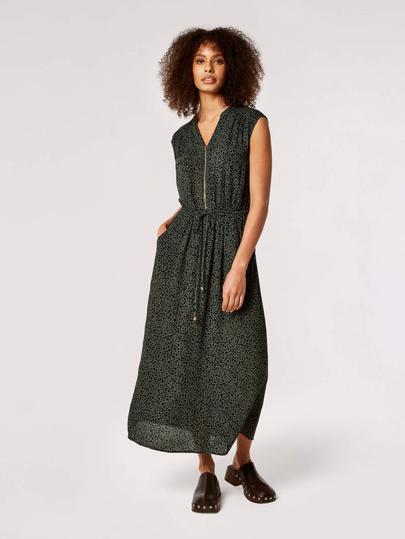 Irregular Dot Print Zip Maxi Dress, Khaki, large