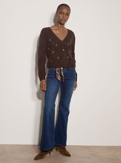 Pointelle Diamond Floral Cotton Blend Cardigan