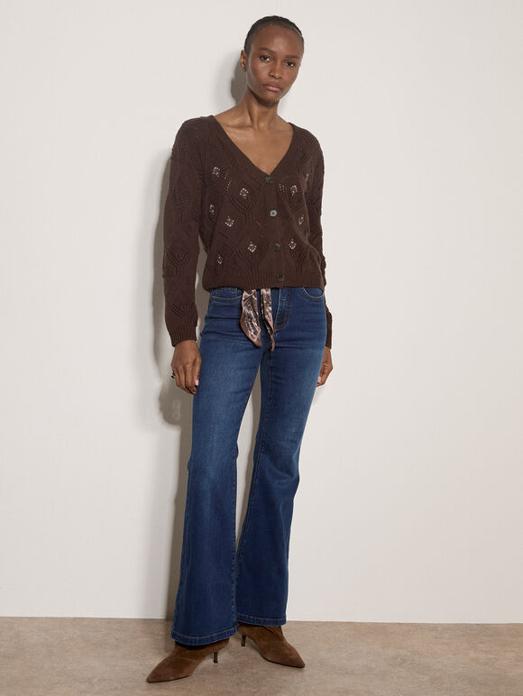 Pointelle Diamond Floral Cotton-Blend Cardigan, Brown, large