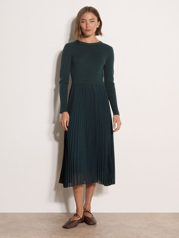 Ribbed Knit Midi Dress, Green, large