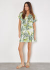 Tropical Leaf Print Smocked Mini Dress, Cream, large