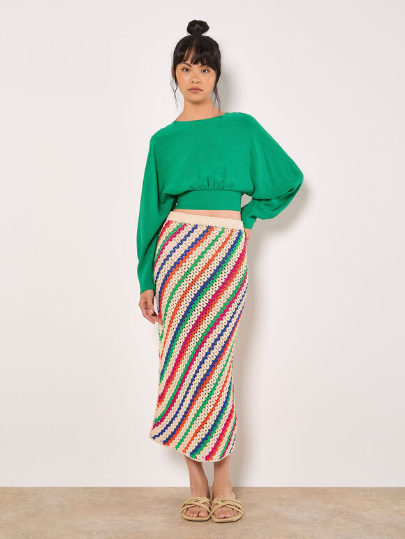 Hand Crocheted Stripe Midi Skirt, Stone, large