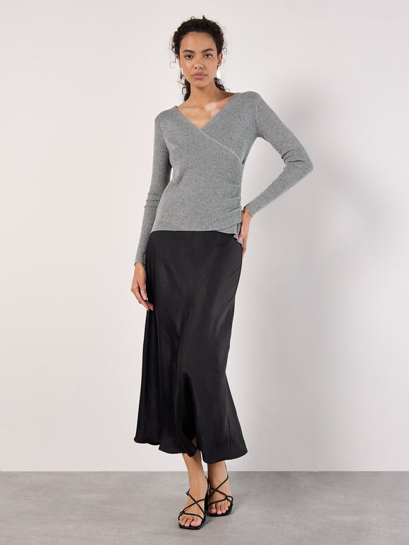 Ribbed Knit Sparkle Wrap Jumper, Silver, large