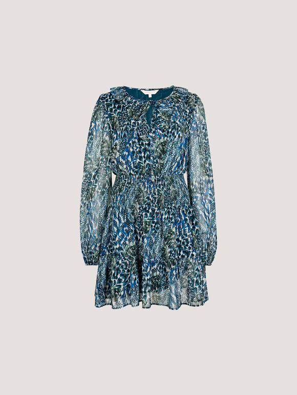 Feather Print Chiffon Mini Dress, Green, large