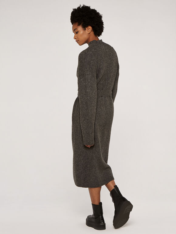 Knitted Long Cardigan, Dark Grey - Charcoal, large
