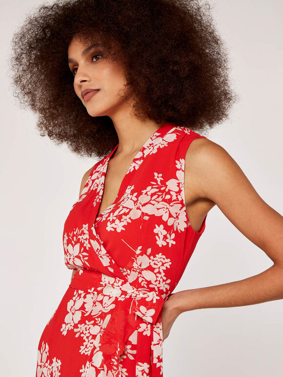 Graphic Floral Wrap Dress, Red, large
