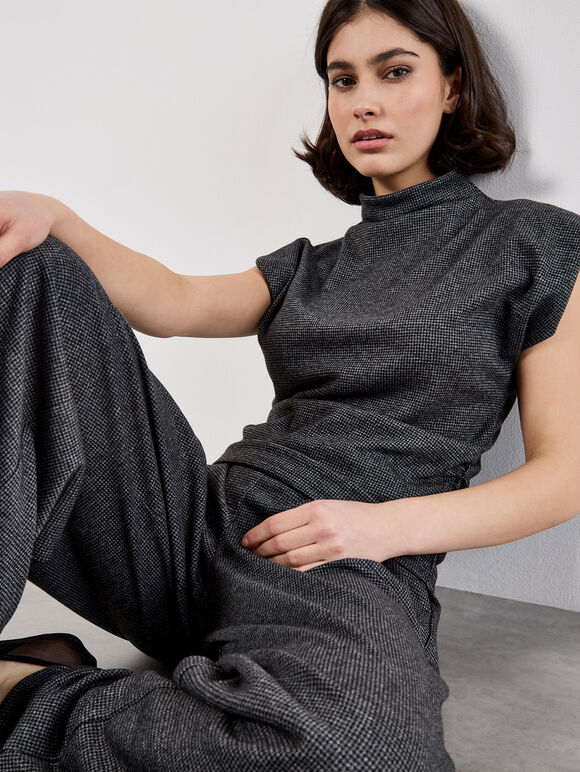 Mini Dogtooth High Neck Ruched Top, Dark Grey - Charcoal, large
