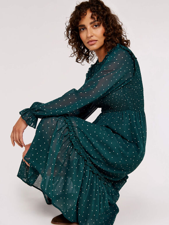 Polka Dot Smocked Midi Dress, Green, large