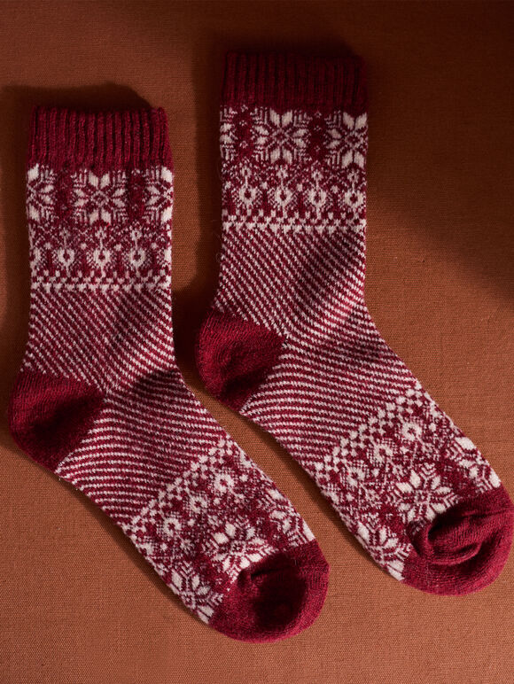 Snowflake Fair Isle Socks, Red, large