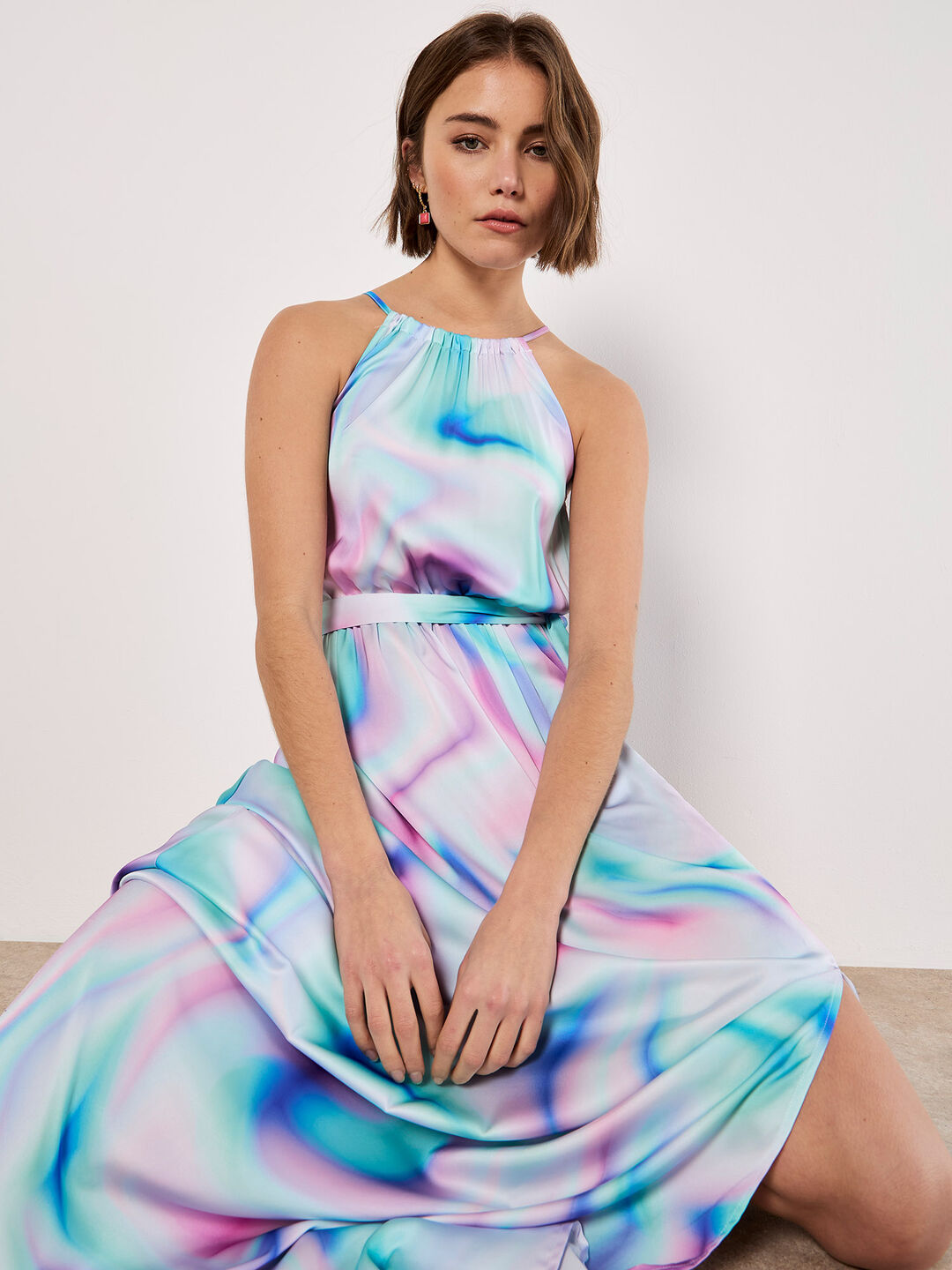 Pastel Swirl Satin Maxi Dress