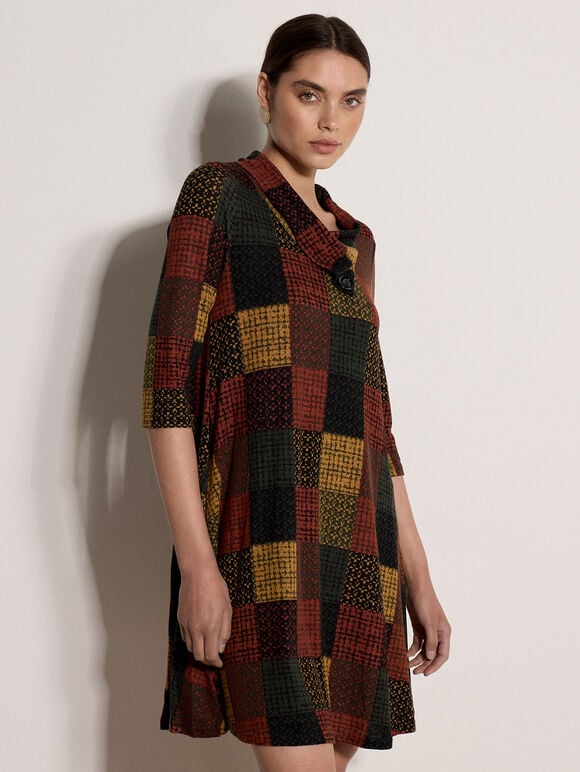 Textured Check Knit Midi Dress, Khaki, large