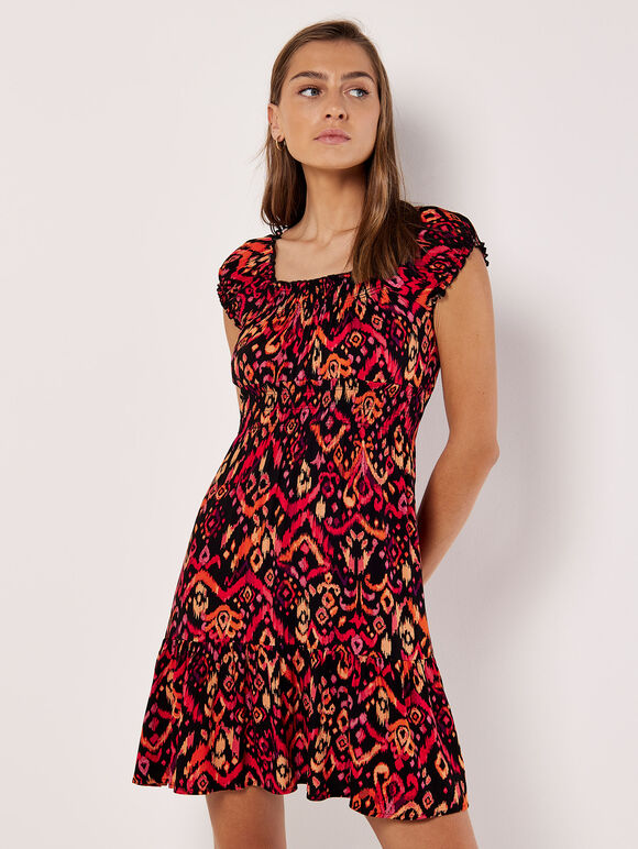 Colourful Ikat Milkmaid Mini Dress, Black, large