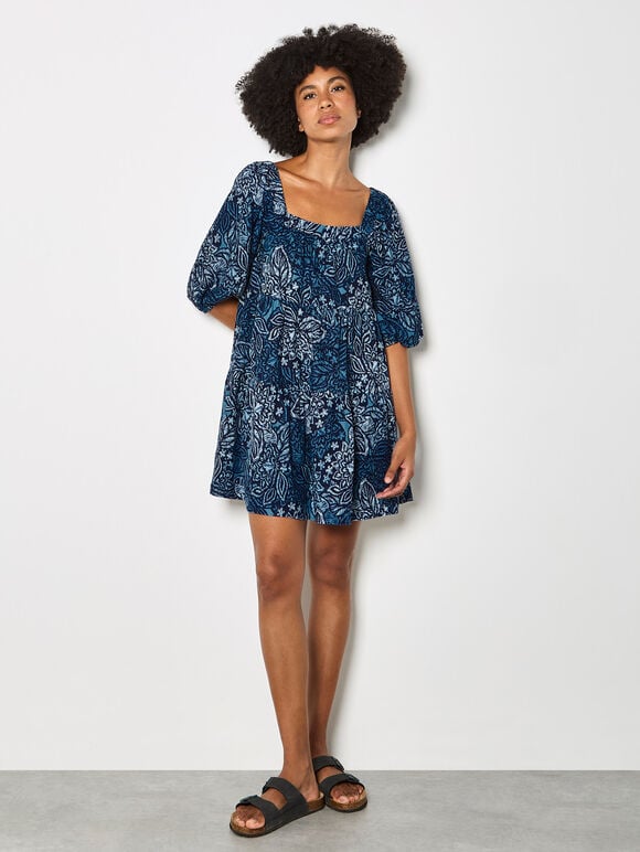 Floral Print Tiered Mini Dress, Navy, large