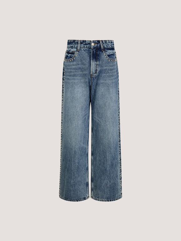 Maca Stud Embellished Wide Leg Jeans, Blue, large