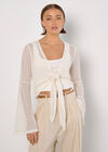 Crochet Mesh Bell Sleeve Cardigan, White, large