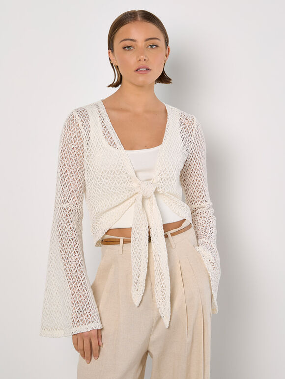 Crochet Mesh Bell Sleeve Cardigan, White, large