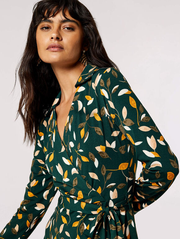 Silhouette Leaf Wrap Mini Dress, Green, large