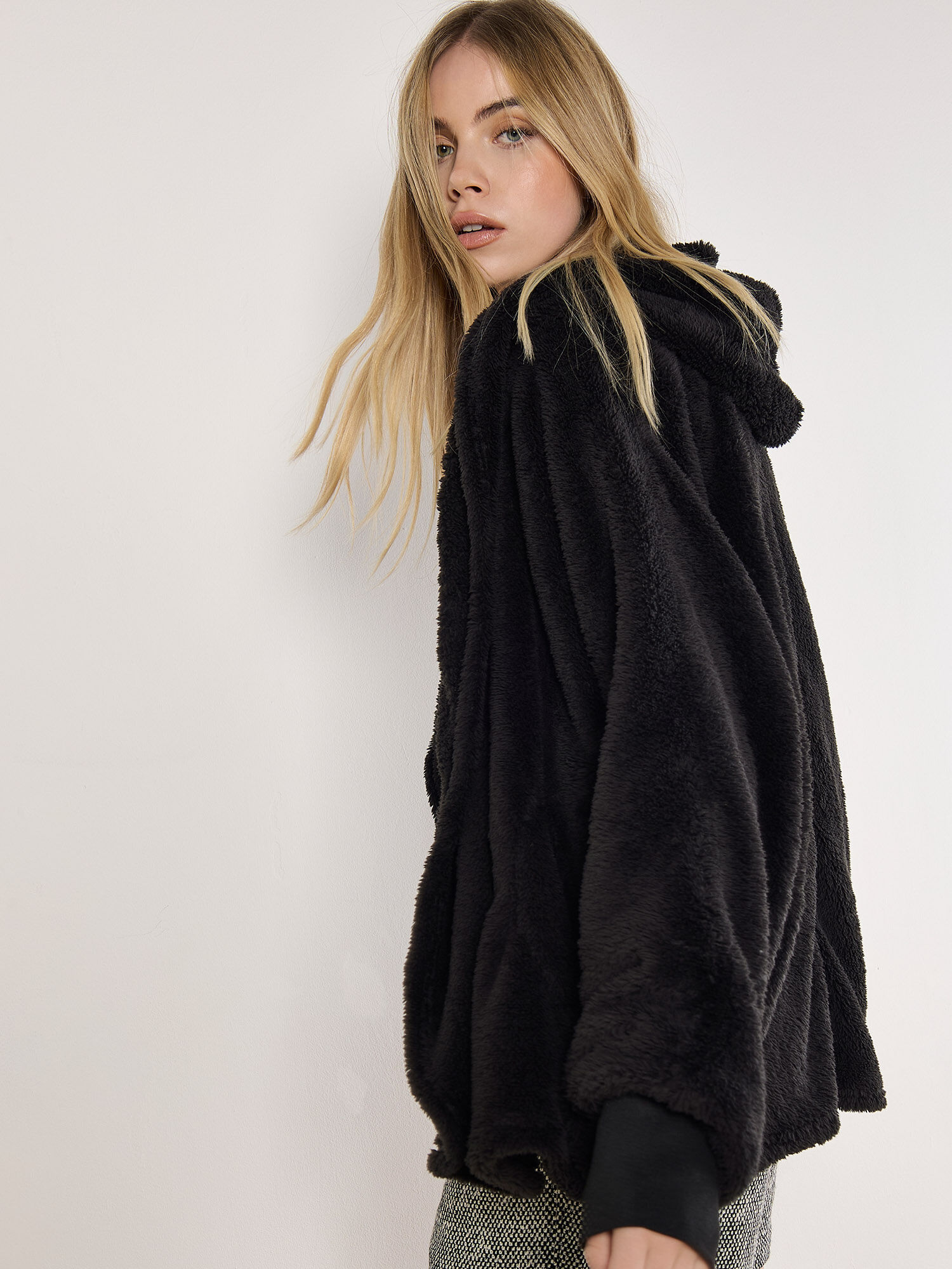 Fleece Waterfall Hooded Cardigan Apricot Clothing