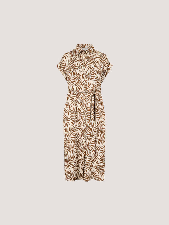 Leaf Print Shirt Midi Dress, Brown, large
