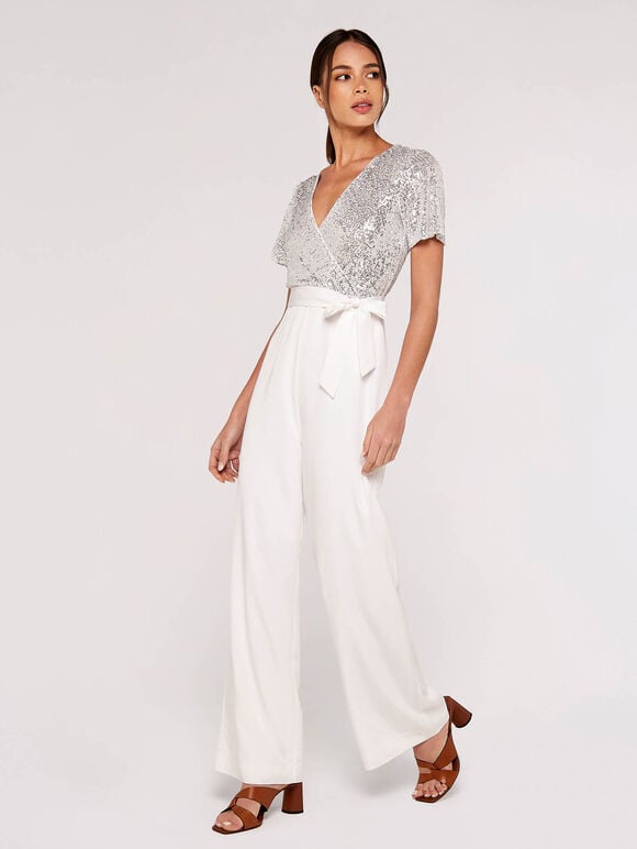 Sequinned Wrap Palazzo Jumpsuit, Light Grey / Silver, large