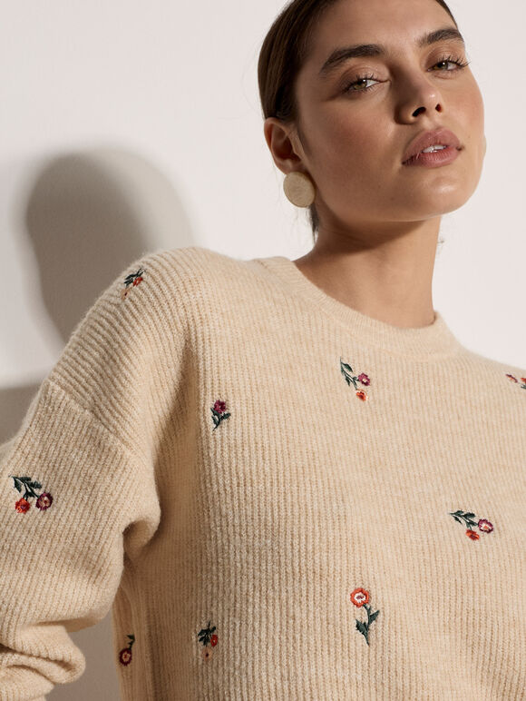 Floral Embroidered Jumper, Stone, large