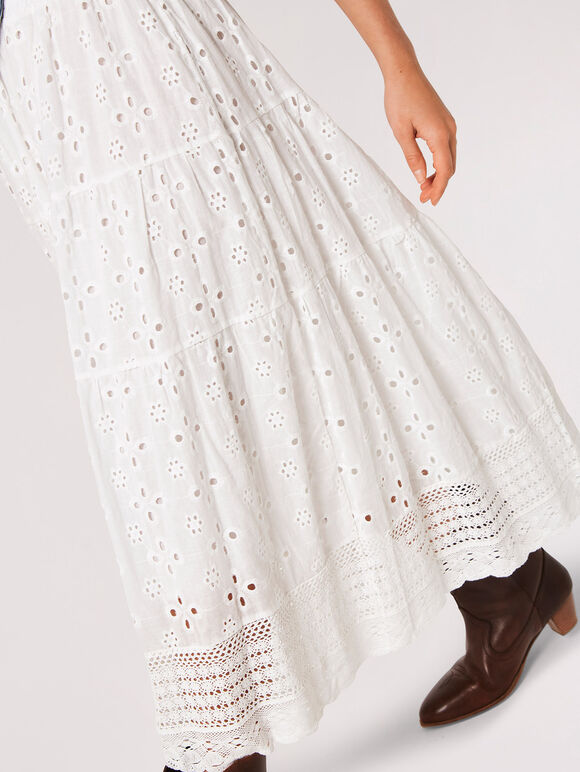 Broderie Cotton Crochet Midi Skirt, White, large