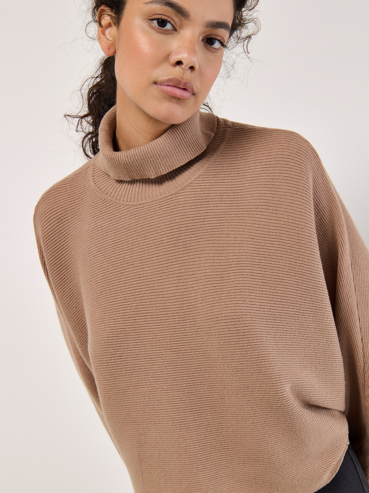 Ribbed Roll Neck Batwing Jumper Apricot Clothing