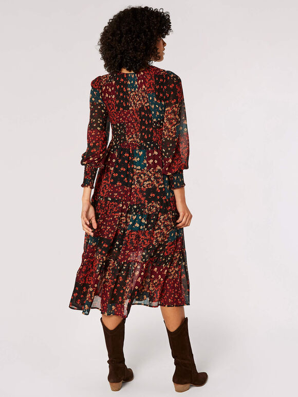 Patchwork Ditsy Midi Dress, Black, large