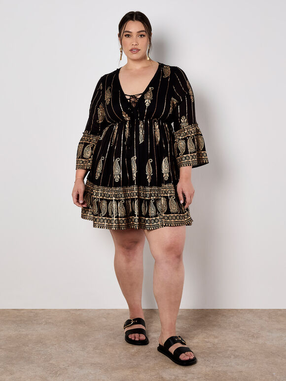 Paisley Shimmer Mini Dress, Black, large