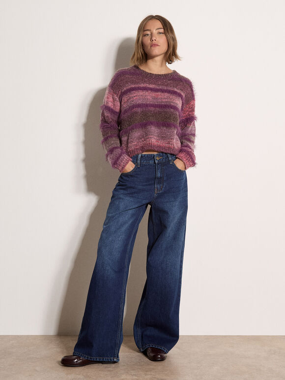 Tonal Stripe Fluffy Jumper, Purple, large