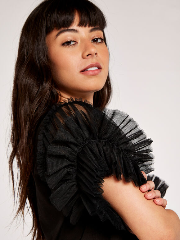 Tulle Sleeve Top, Black, large