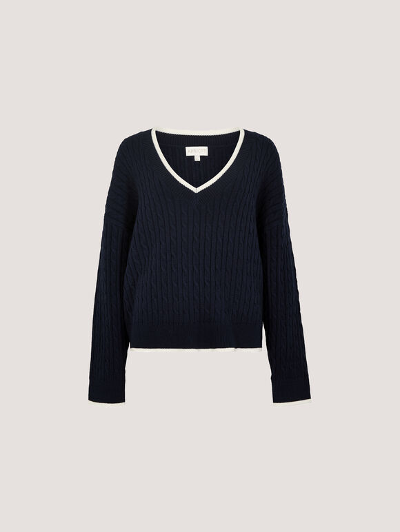 Cable Knit Tipped Cricket Jumper, Navy, large