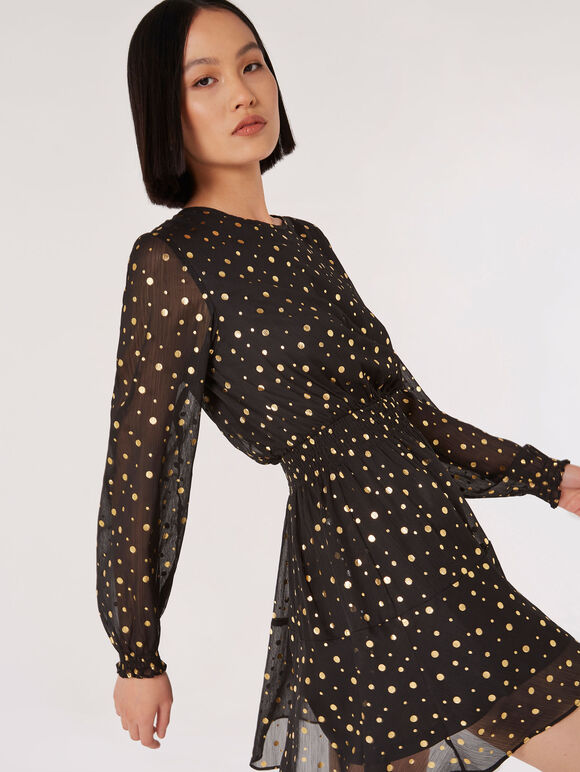 Gold Foil Spot Dress, Black, large