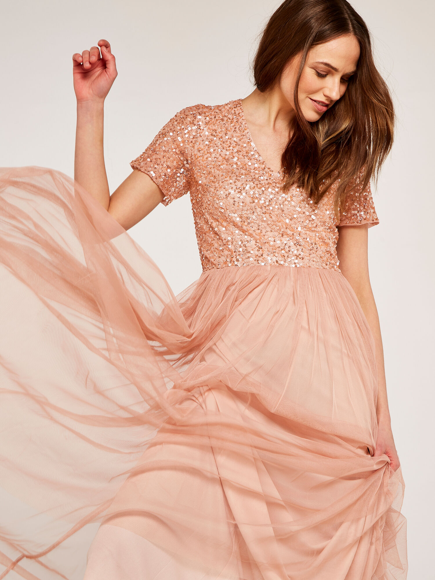 Long sleeve sequin top maxi tulle dress on sale