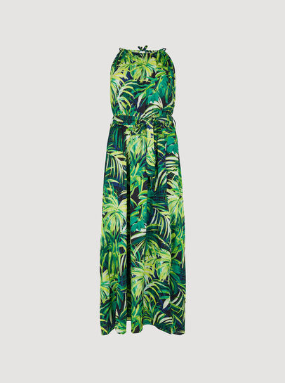 Tropical Leaf Satin Maxi Dress