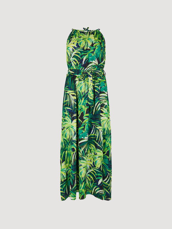 Tropical Leaf Satin Midi Dress, Navy, large