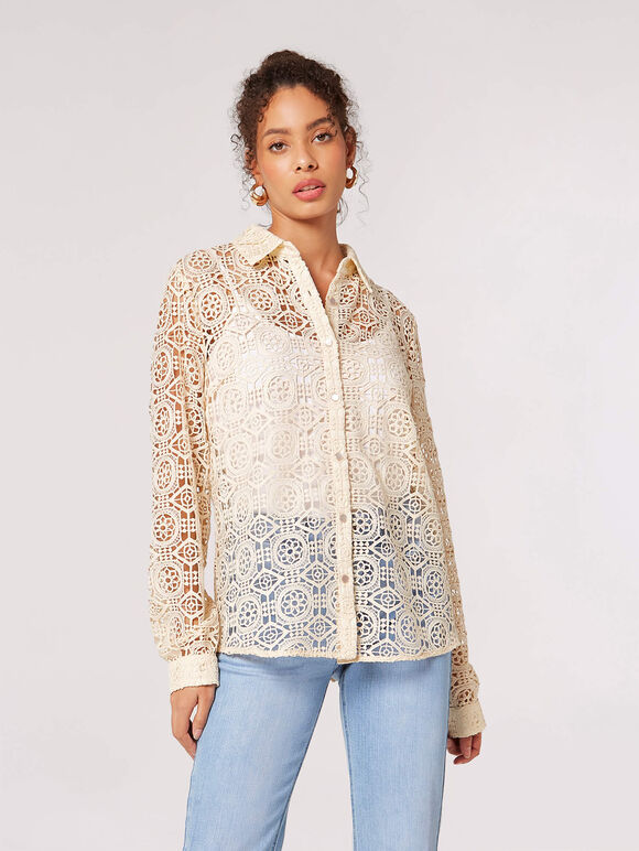 Geometric Guipure Lace Shirt, Stone, large