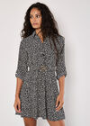 Petal Print Belted Shirt Mini Dress, Stone, large