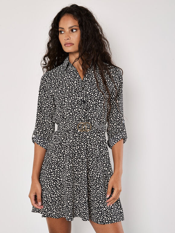 Petal Print Belted Shirt Mini Dress, Stone, large