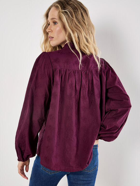 Floral Embroidered Shirt, Burgundy, large